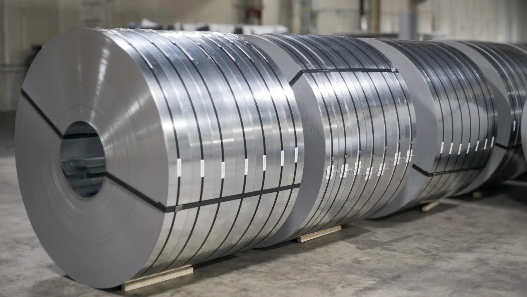 Banded slit steel coils staged on the warehouse floor after processing