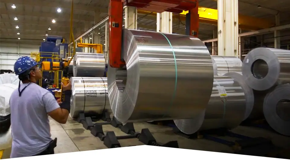 Aluminum coils staged on the floor of Aluminum Blanking Company's Pontiac plant