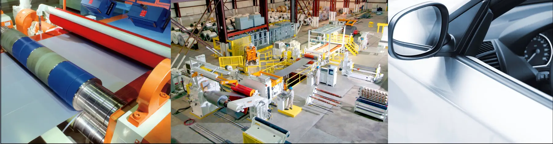 Autolum Processing's aluminum slitting line and plant floor alongside a finished automotive body panel