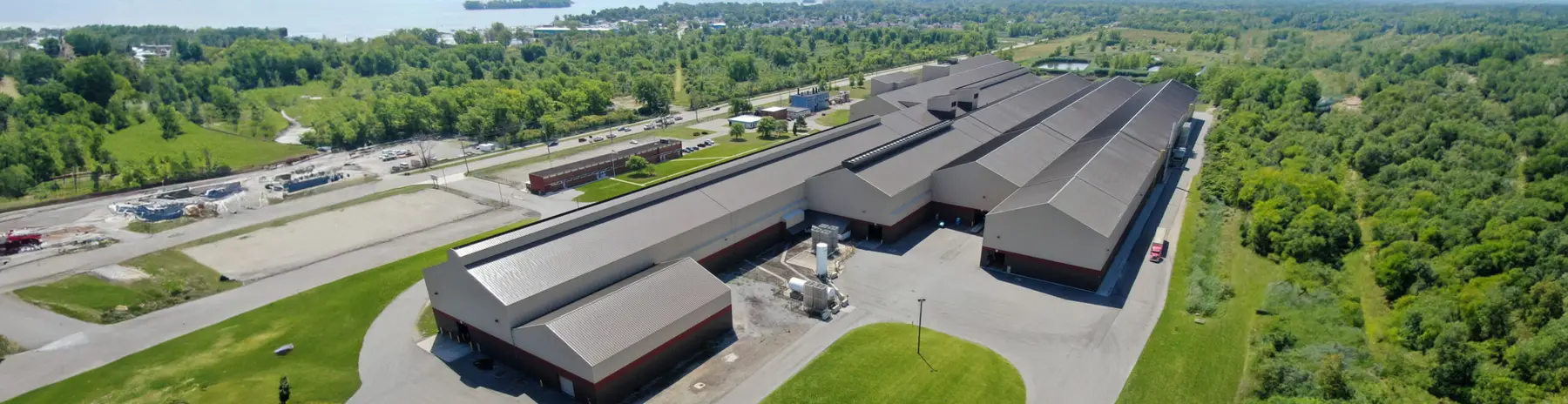 Aerial view of Autolum Processing's aluminum slitting and warehouse complex in Gibraltar, Michigan