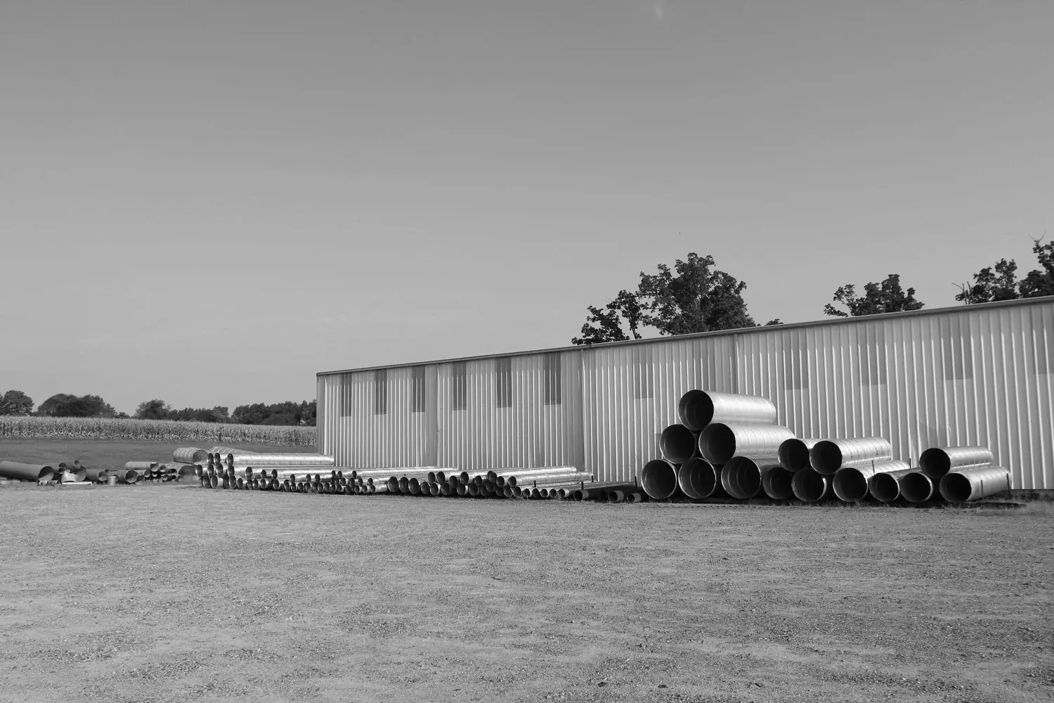 Culvert pipe and steel stock stored outside Barclay Metal's warehouse in Mayfield, Kentucky