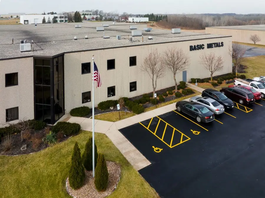 Aerial view of the Basic Metals headquarters building in Germantown, Wisconsin