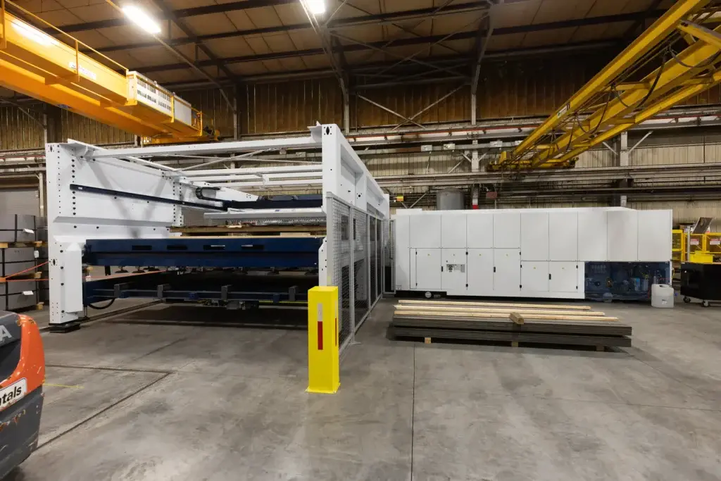 Large-format fiber laser cutting system with automated sheet handling in Central Plains Steel's Wichita plant