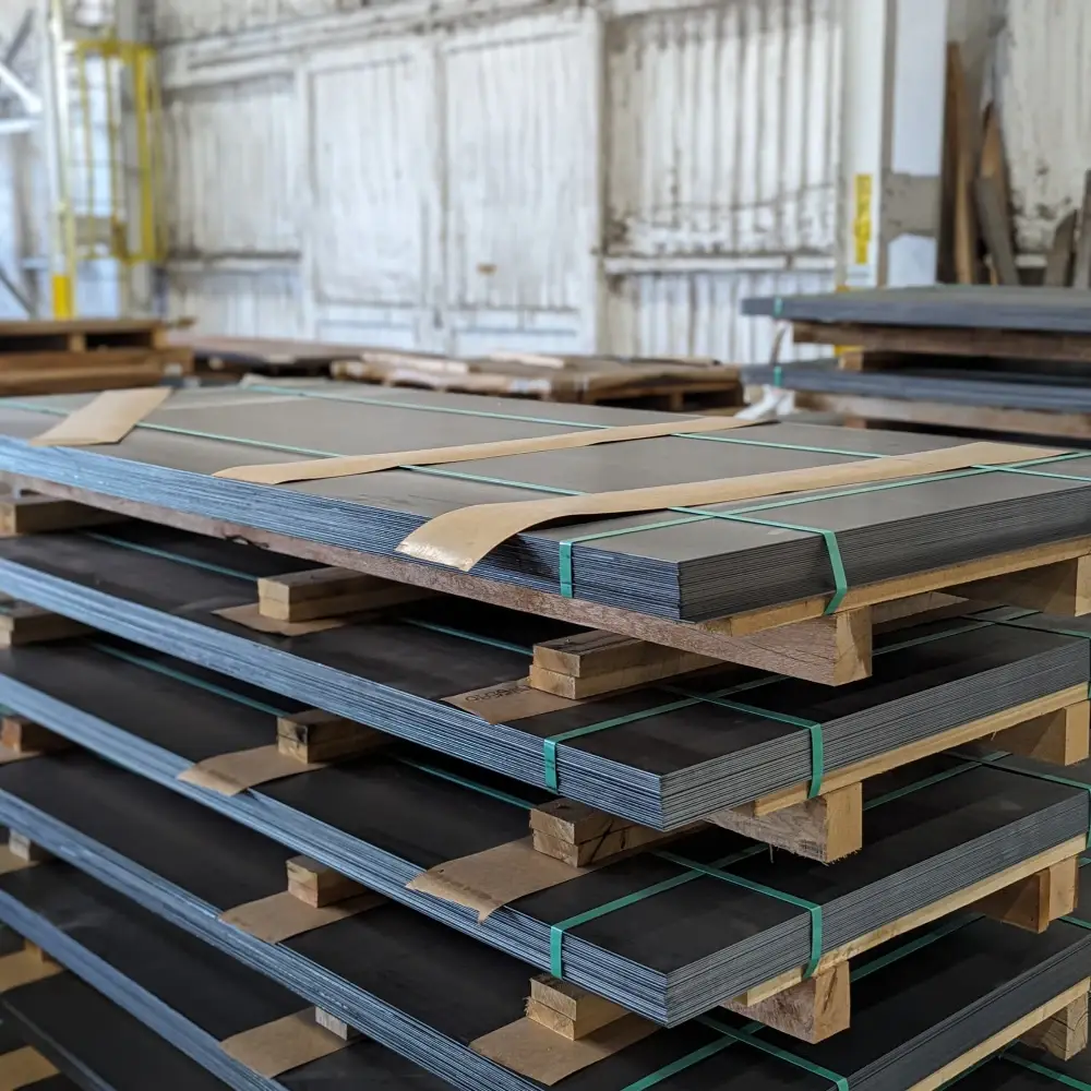 Bundles of cut-to-length steel sheets stacked on wooden skids