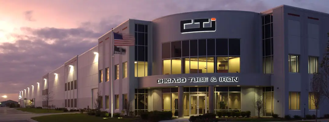 Chicago Tube & Iron headquarters and warehouse in Romeoville, Illinois, at dusk