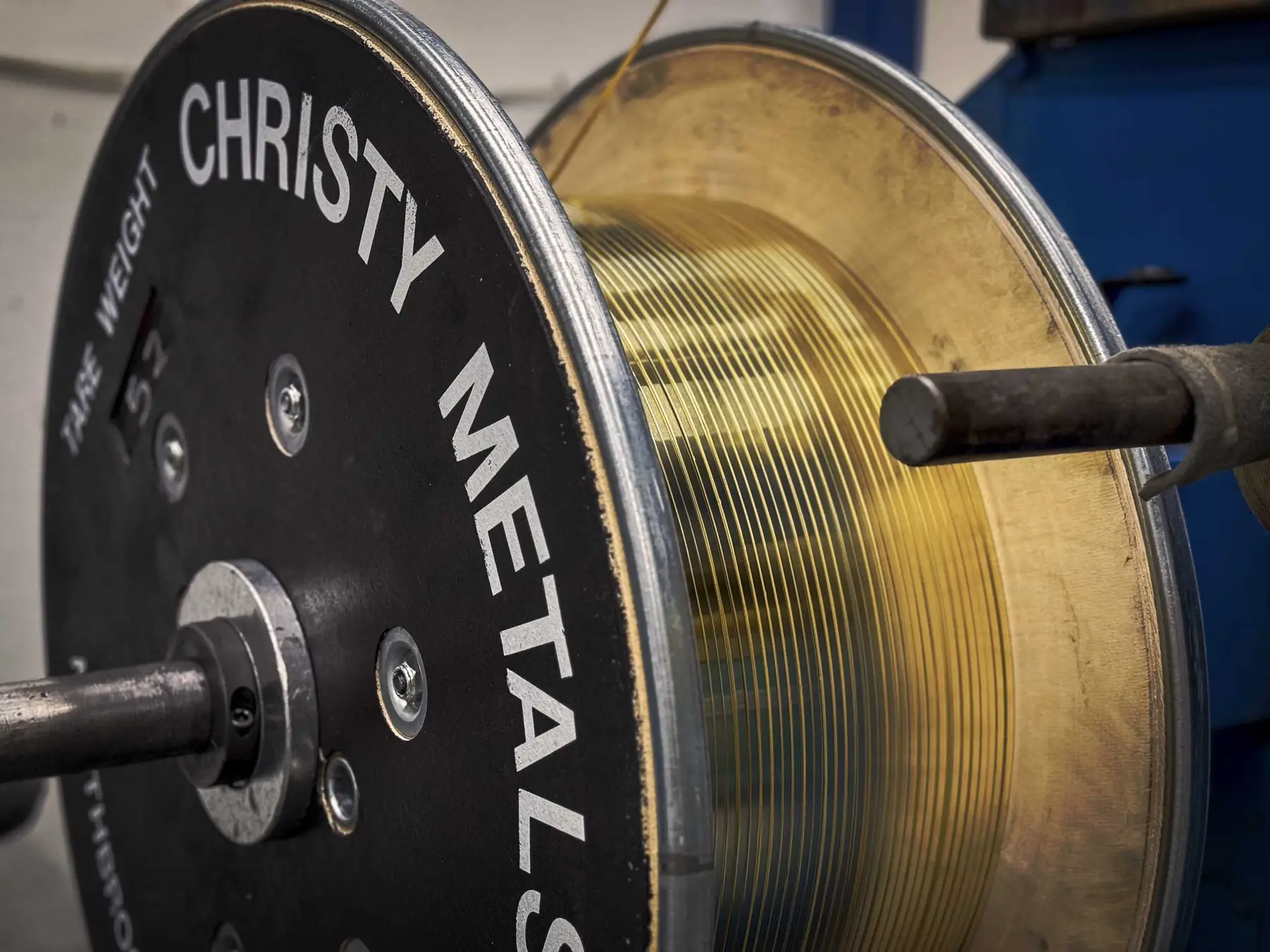 Traverse-wound brass strip on a Christy Metals branded reel