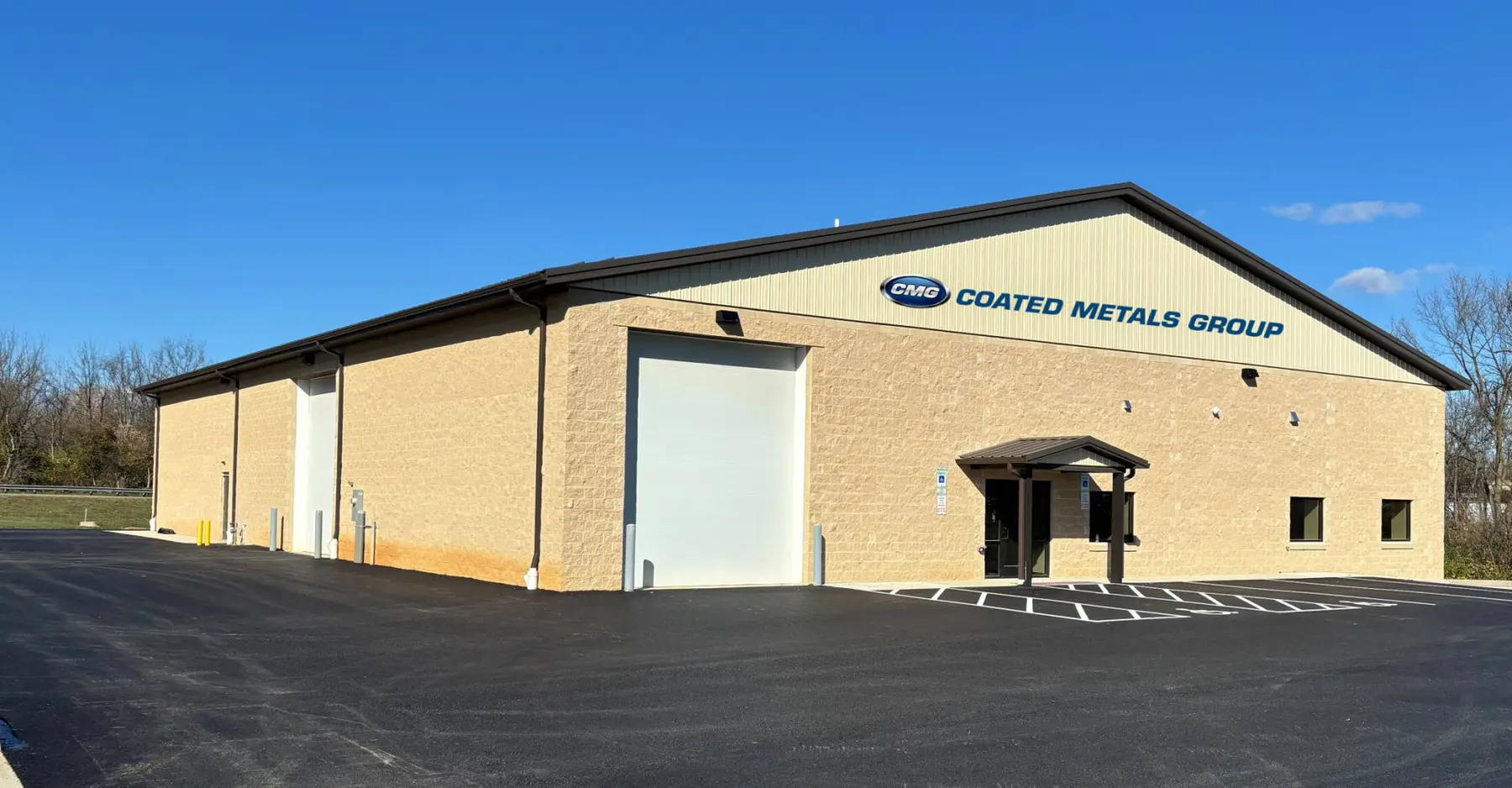 Coated Metals Group's York, Pennsylvania stocking facility with its sign above the loading door