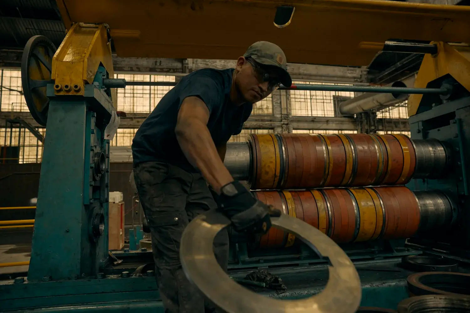Operator handling slitter knife tooling on a Collier Metals slitting line