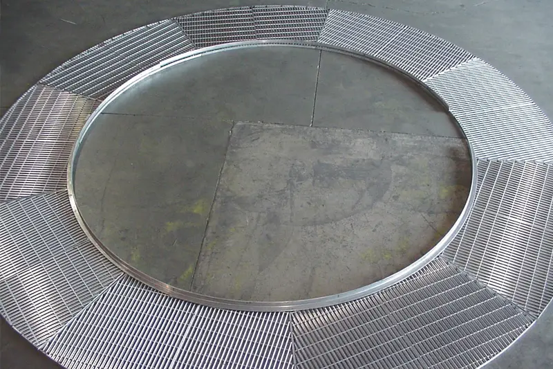 Custom-fabricated stainless steel bar grating ring laid out on the Direct Metals shop floor