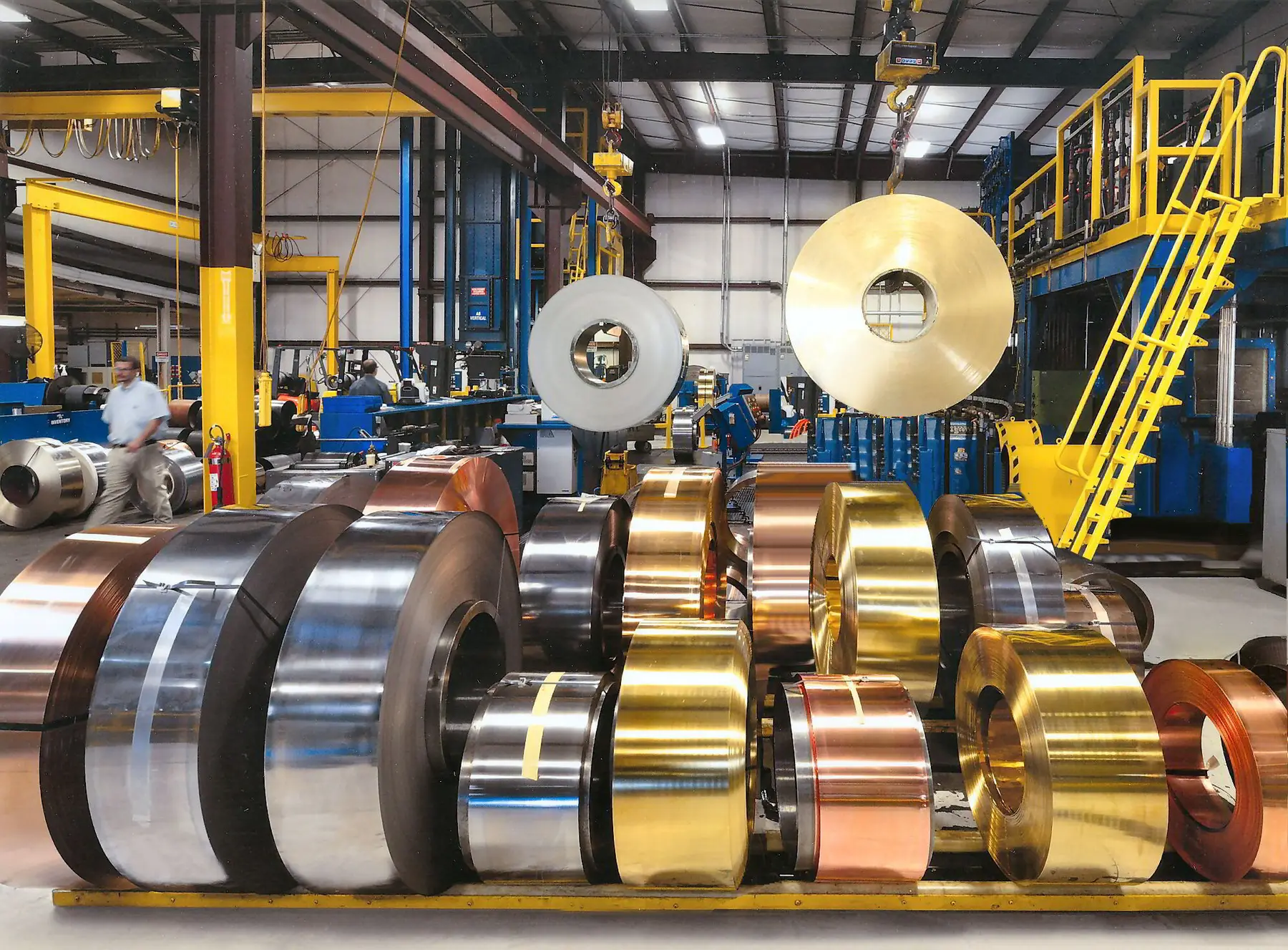 Stainless, brass and copper strip coils staged on the Eagle Metals plant floor