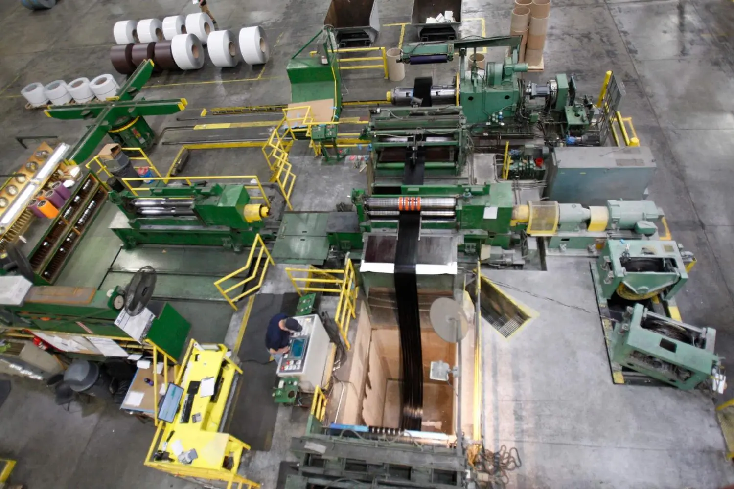 Overhead view of a coil processing line on the EDCOAT plant floor in New Carlisle, Indiana