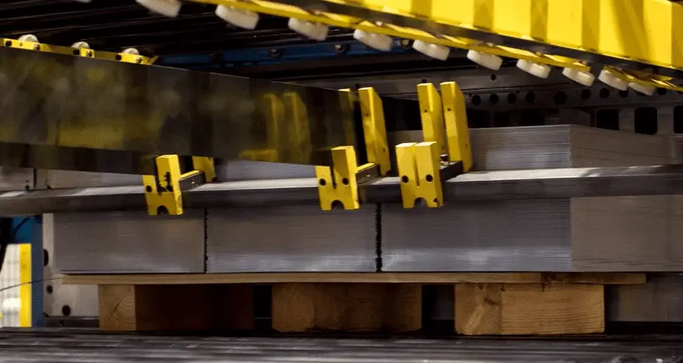 Stacker on a blanking line stacking cut steel blanks onto a skid