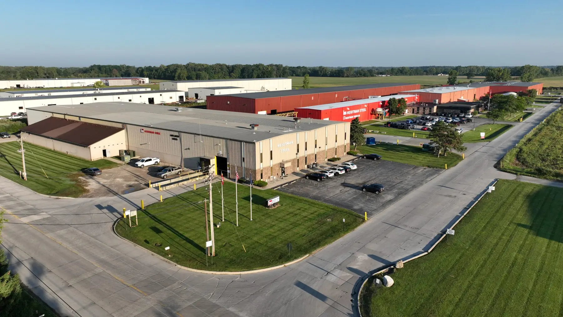 Aerial view of Heidtman Steel's Erie, Michigan campus and processing buildings