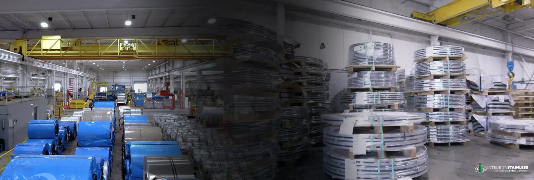 Integrity Stainless warehouse bay with racked stainless steel coils and overhead cranes