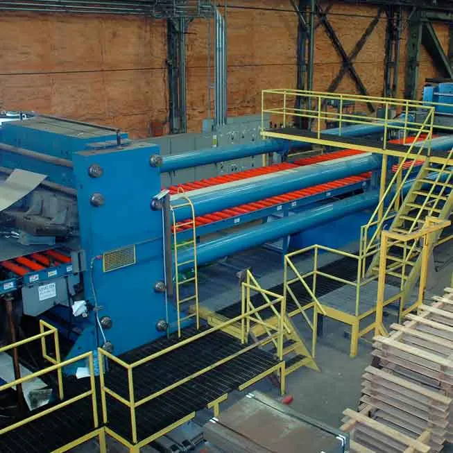 Leveltek's wide cut-to-length line with blue stretcher frame and catwalks