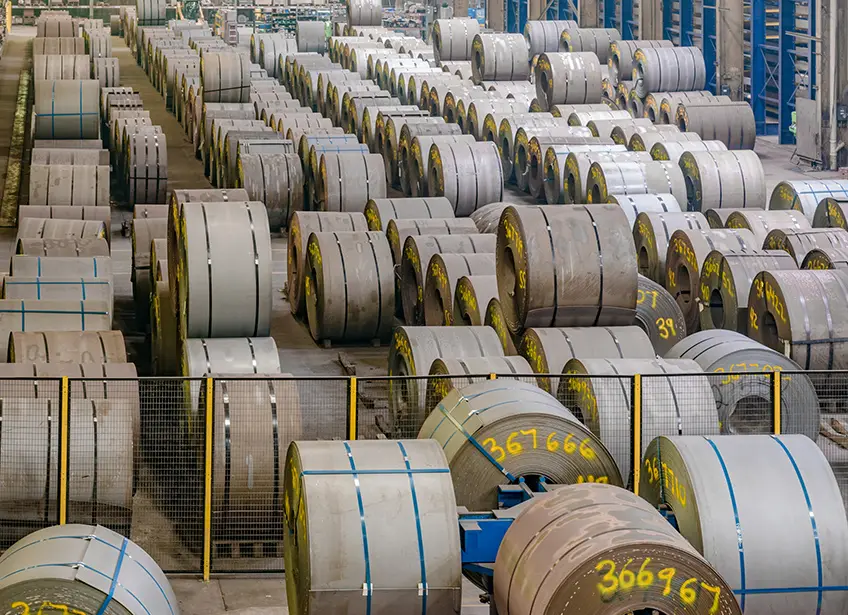 Rows of tagged steel coils in Liebovich's Rockford warehouse