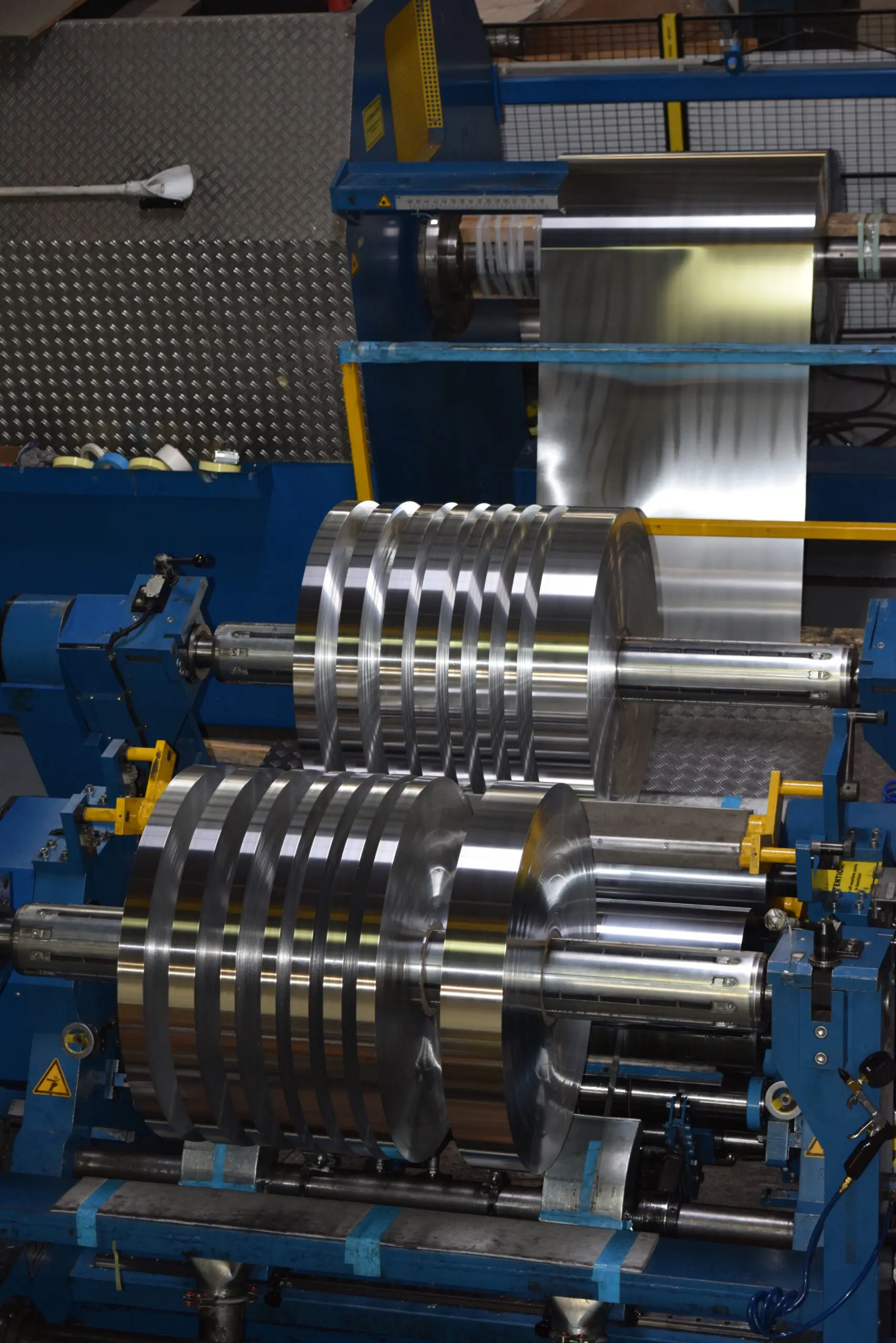 Slitter knife tooling set up on a Lynch Metals slitting line