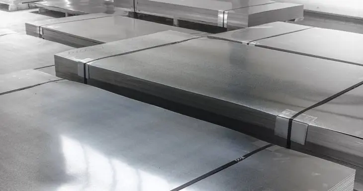 Banded stacks of flat stainless steel sheet staged on a warehouse floor