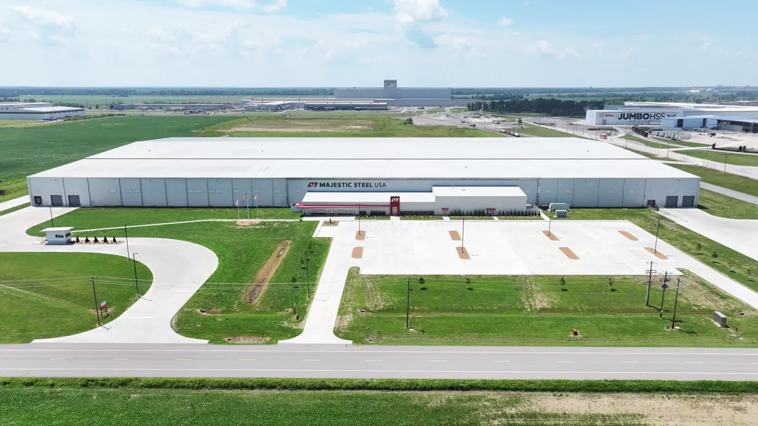 Aerial view of Majestic Steel USA's large Arkansas service center and distribution building