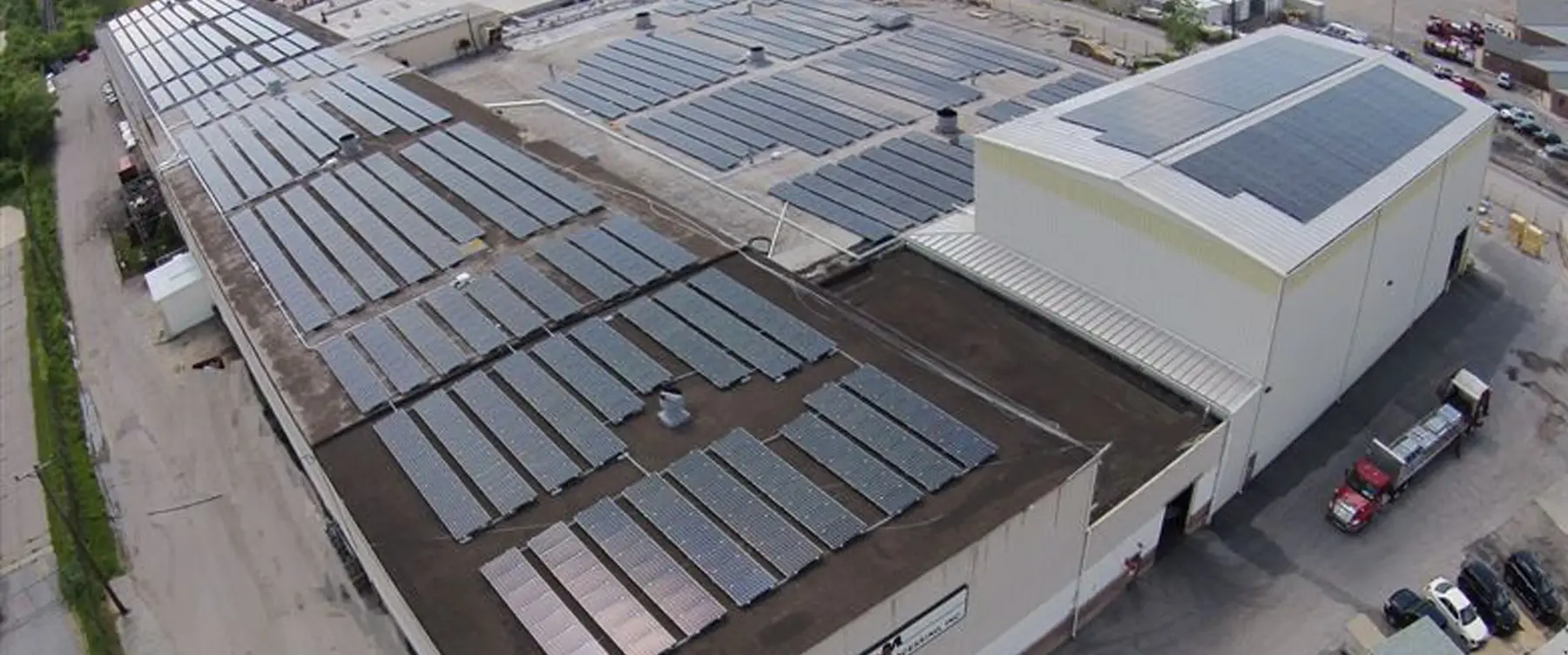 Aerial view of Maryland Metals Processing's Baltimore facility with rooftop solar panels