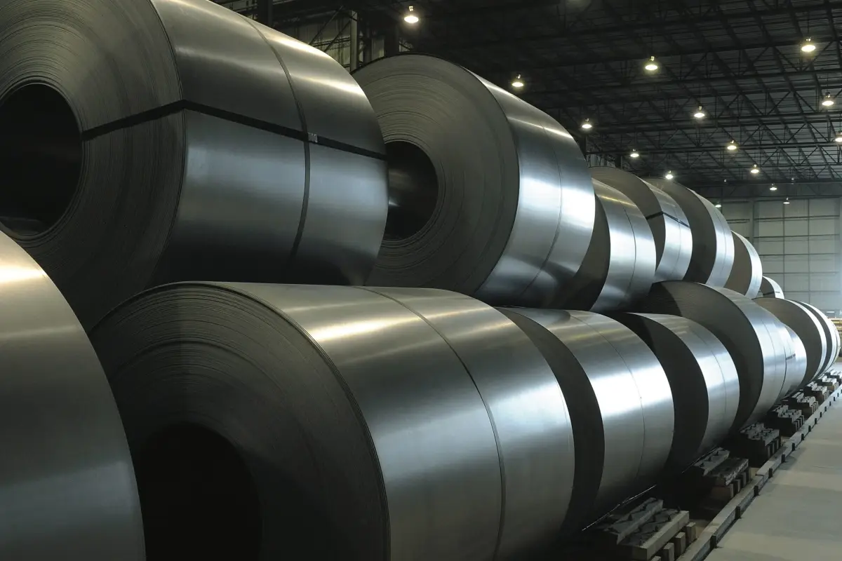 Rows of pickled steel coils staged on the floor of the Ohio Pickling & Processing warehouse