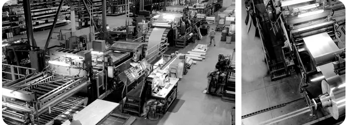 Overhead view of the Red Bud multi-blanking line and sheet stacker at Pacific Metal Company