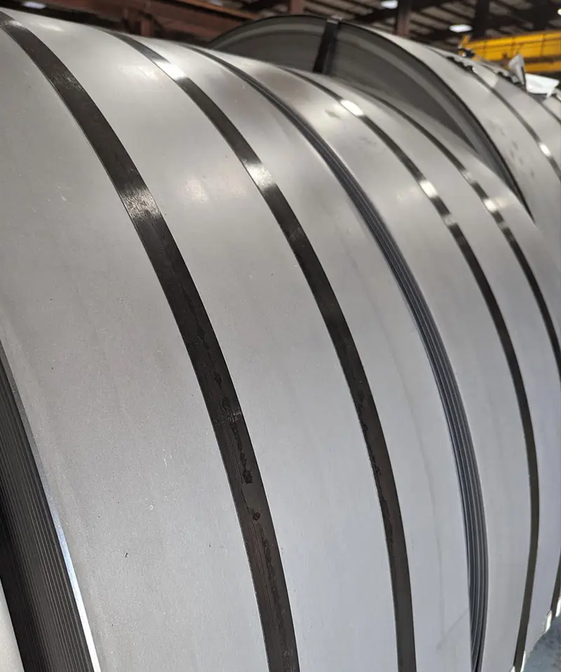 Close-up of freshly slit steel coil mults at Phoenix Steel Service