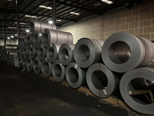 Rows of aluminized steel coils stored in the Reliance Sheet & Strip coil bay