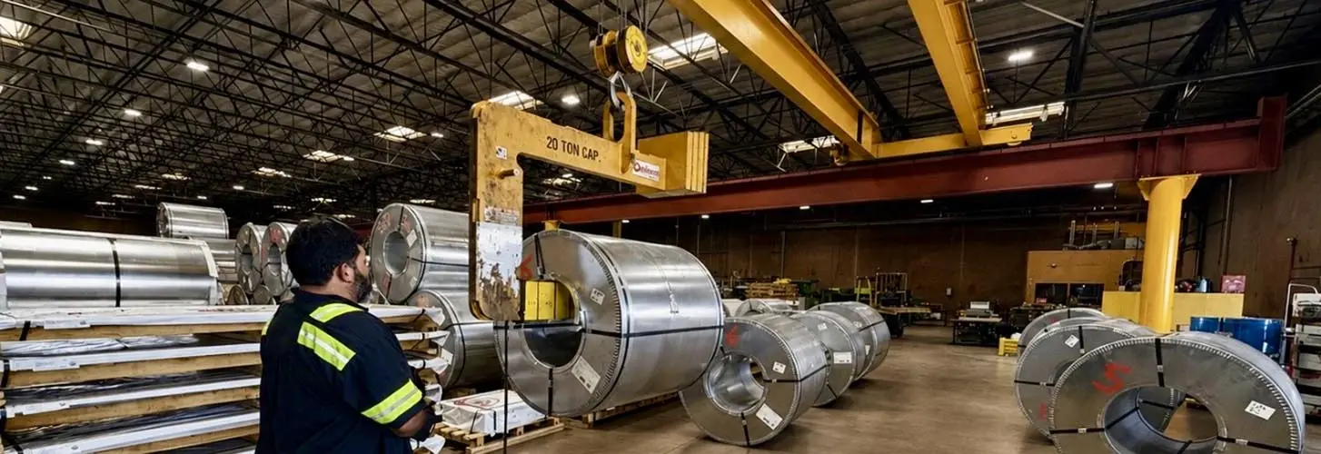 Overhead crane moving steel coils inside the SteelCo USA warehouse with stacked sheet and coil inventory