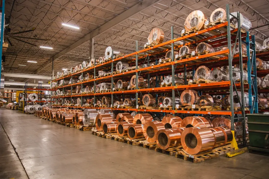 Racks of copper and aluminum coils stored in the Three D Metals warehouse in Valley City, Ohio