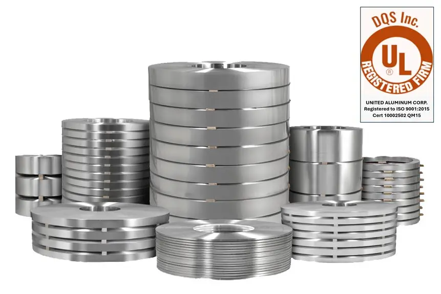 Stacks of narrow slit aluminum coils of different widths