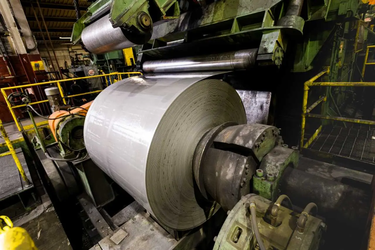 Steel coil loaded on the entry of Universal Steel's cut-to-length line